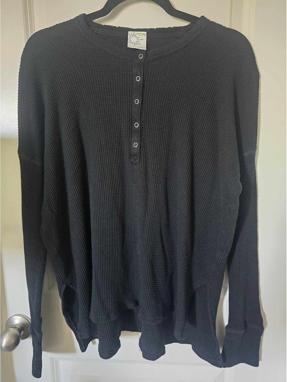 Offline by Aerie Black Waffle Knit Long Sleeve Henley Shirt Medium